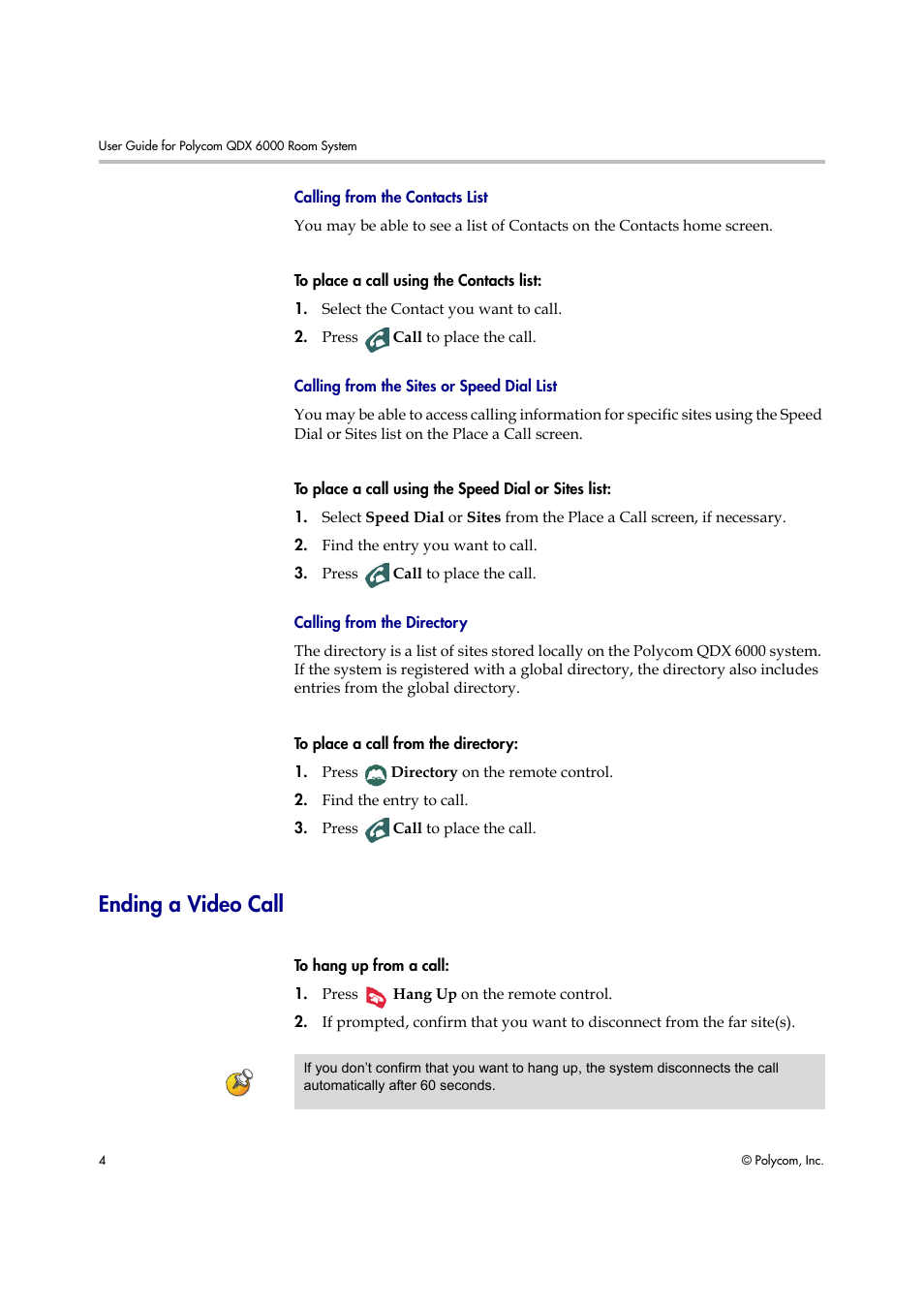 Calling from the contacts list, Calling from the sites or speed dial list, Calling from the directory | Ending a video call | Polycom 6000 User Manual | Page 10 / 28