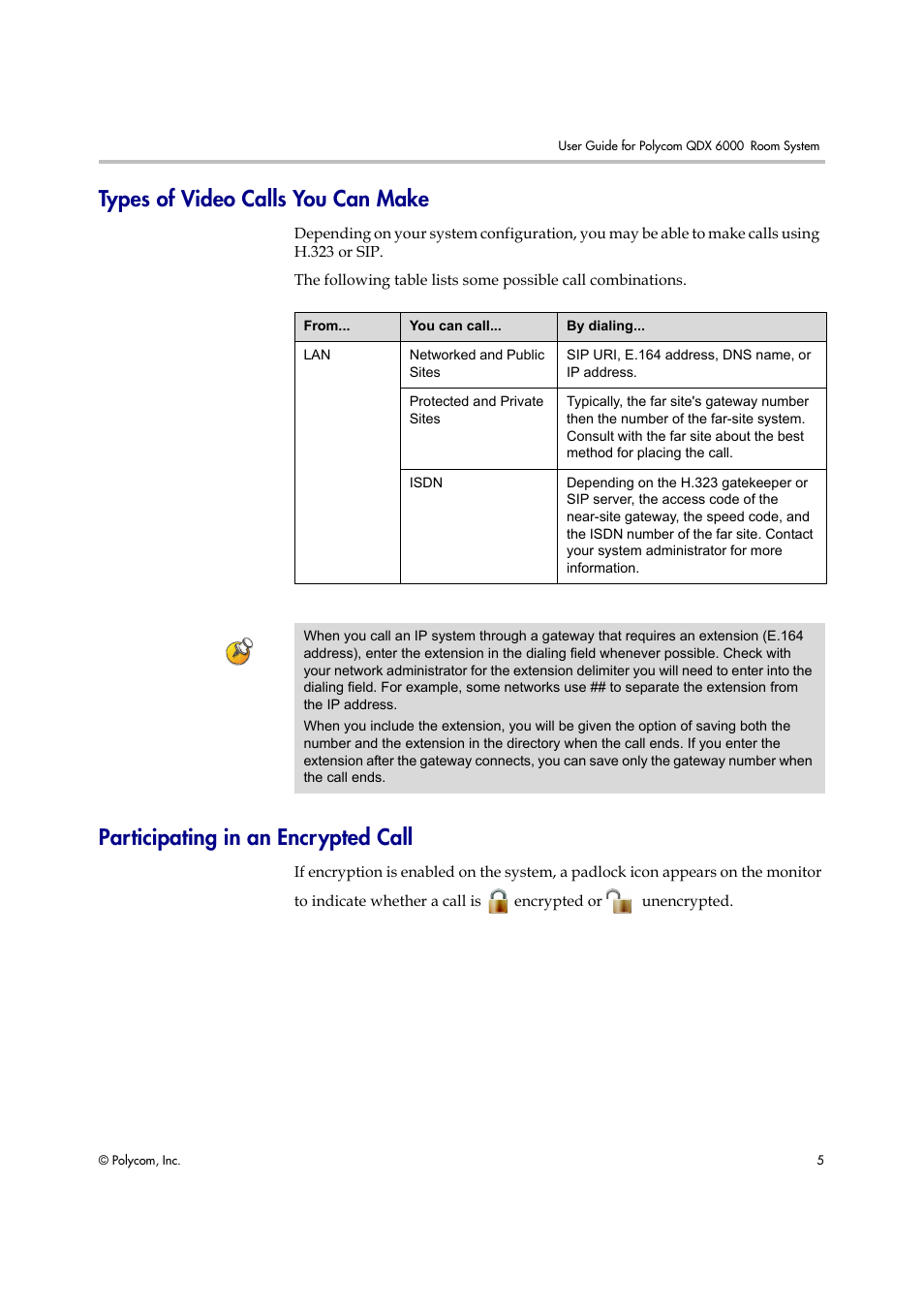 Types of video calls you can make, Participating in an encrypted call | Polycom 6000 User Manual | Page 11 / 28