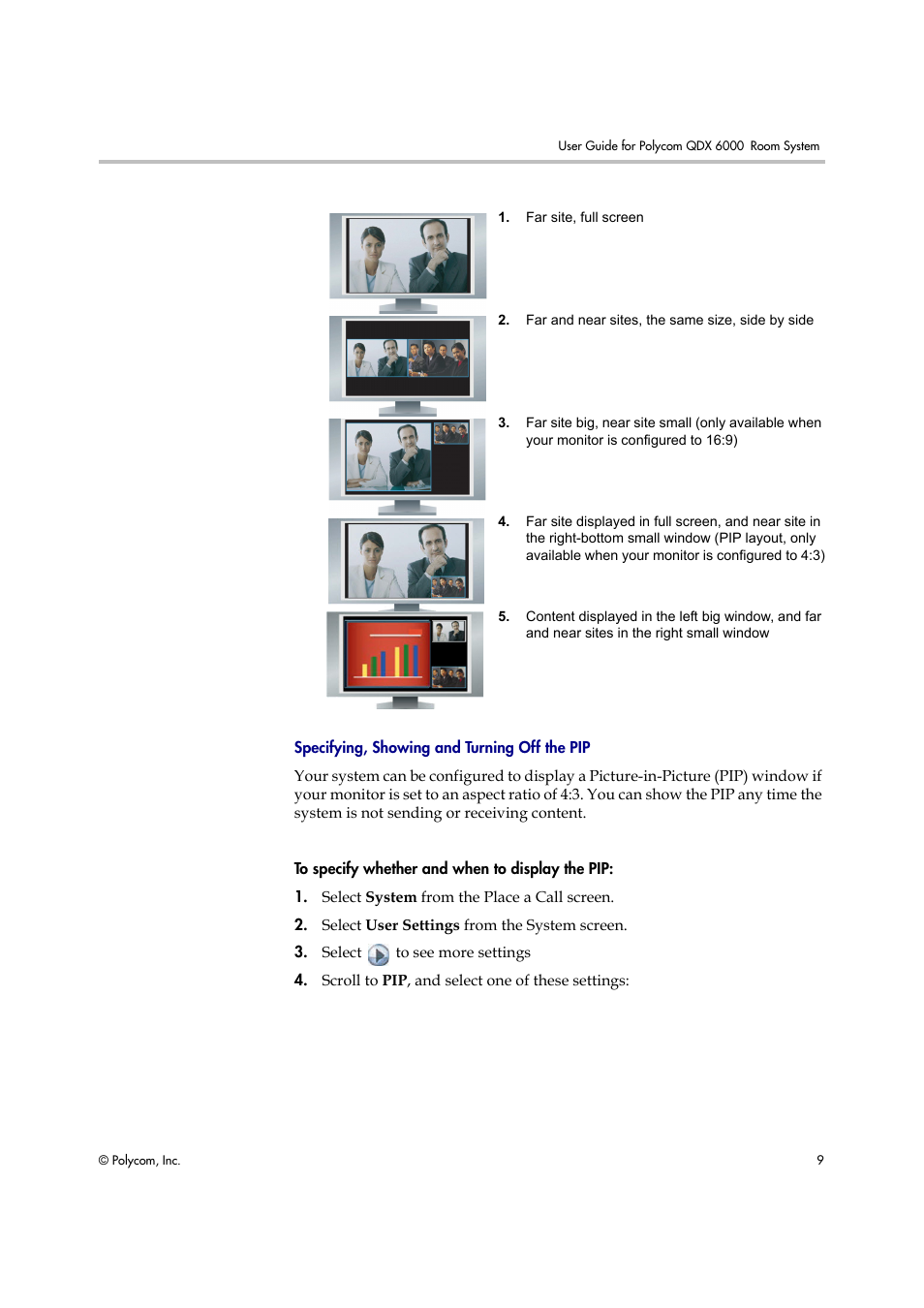 Specifying, showing and turning off the pip | Polycom 6000 User Manual | Page 15 / 28