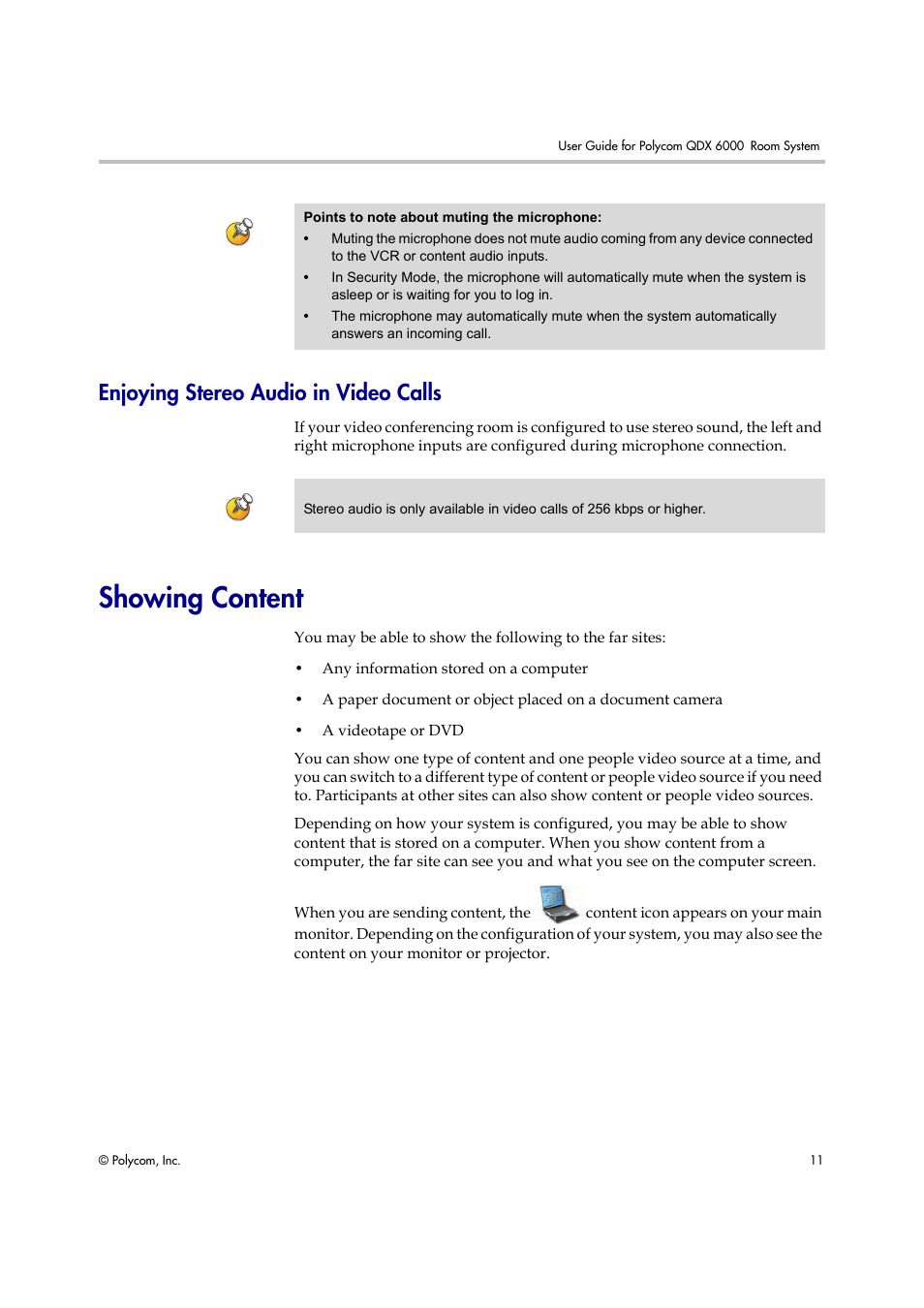 Enjoying stereo audio in video calls, Showing content | Polycom 6000 User Manual | Page 17 / 28