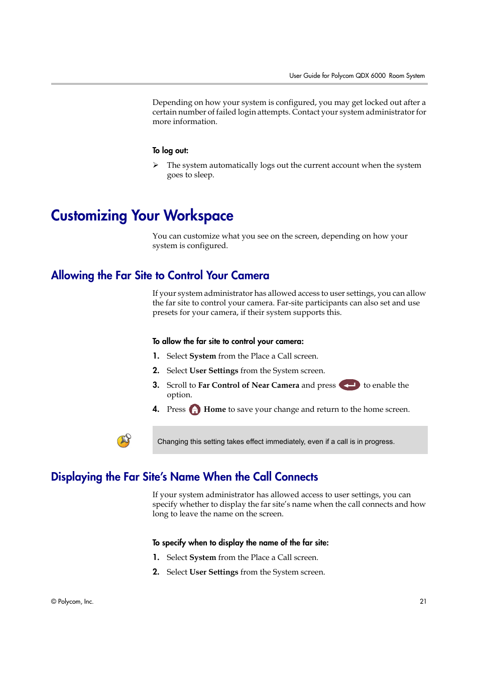 Customizing your workspace, Allowing the far site to control your camera | Polycom 6000 User Manual | Page 27 / 28