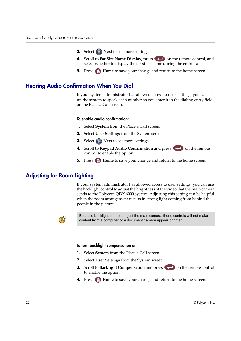 Hearing audio confirmation when you dial, Adjusting for room lighting | Polycom 6000 User Manual | Page 28 / 28