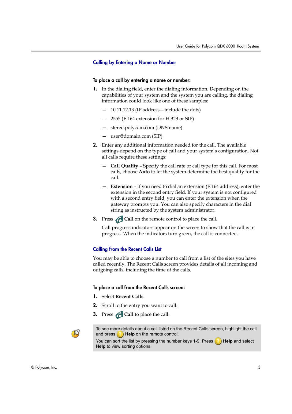 Calling by entering a name or number, Calling from the recent calls list | Polycom 6000 User Manual | Page 9 / 28