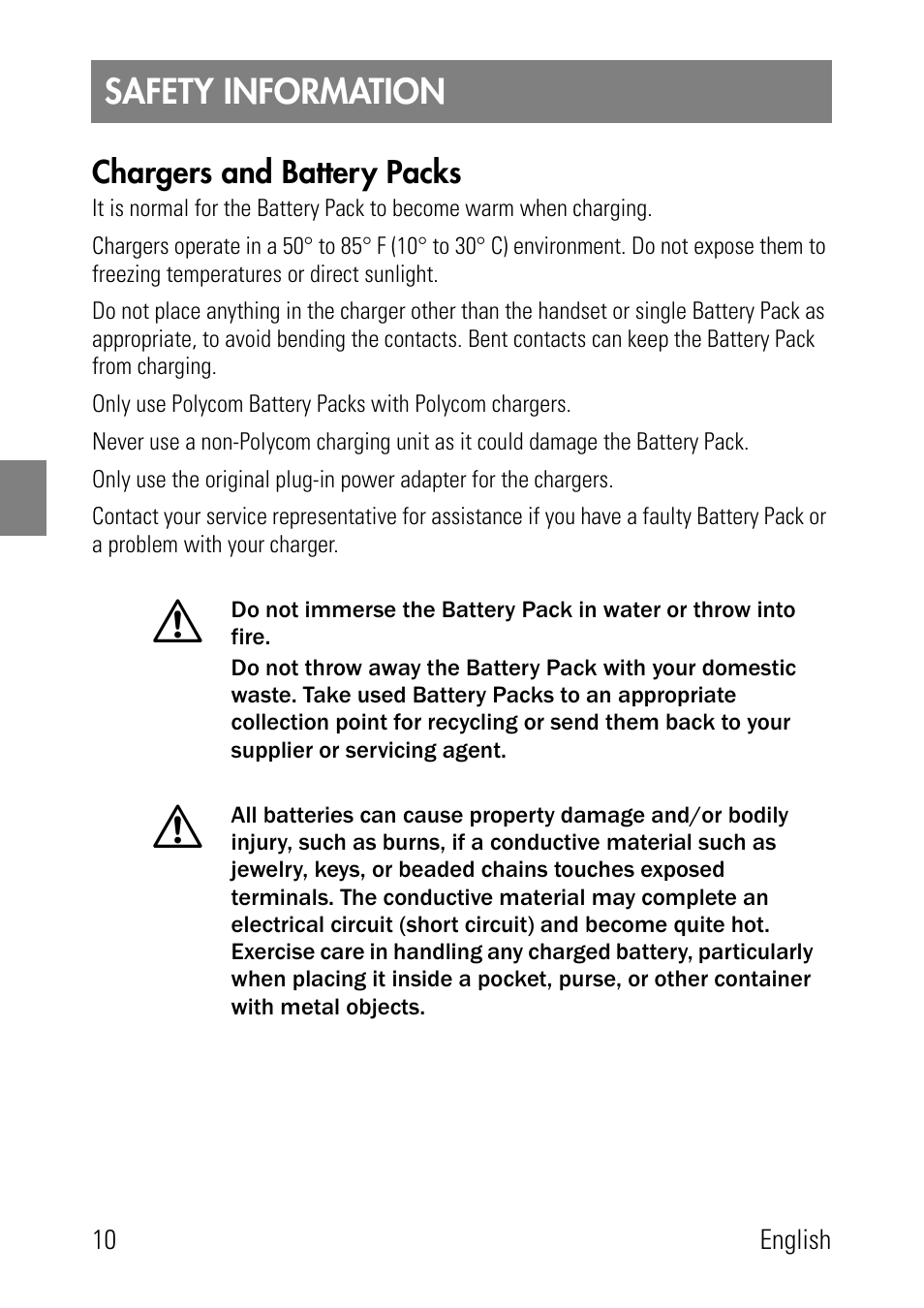 Safety information, Chargers and battery packs | Polycom SpectraLink 8002 Series User Manual | Page 10 / 72