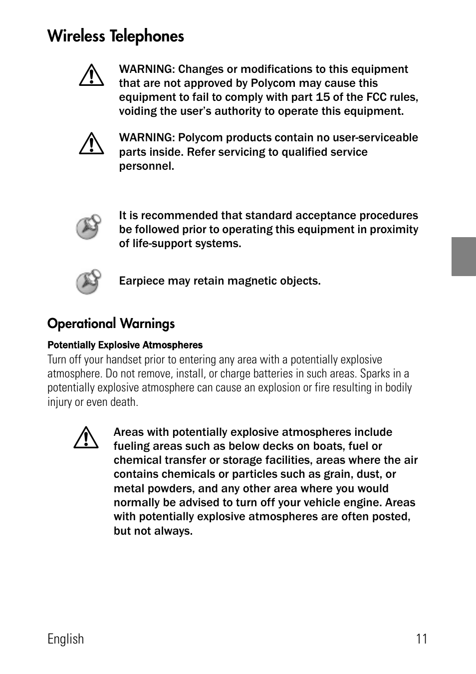 Wireless telephones, Operational warnings | Polycom SpectraLink 8002 Series User Manual | Page 11 / 72