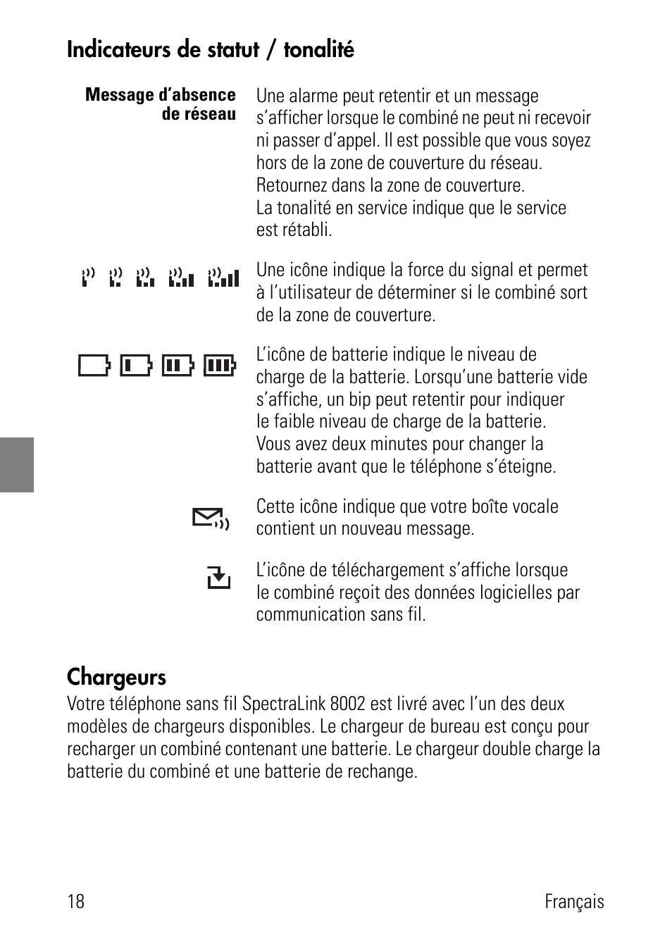 Chargeurs, Indicateurs de statut / tonalité chargeurs | Polycom SpectraLink 8002 Series User Manual | Page 18 / 72