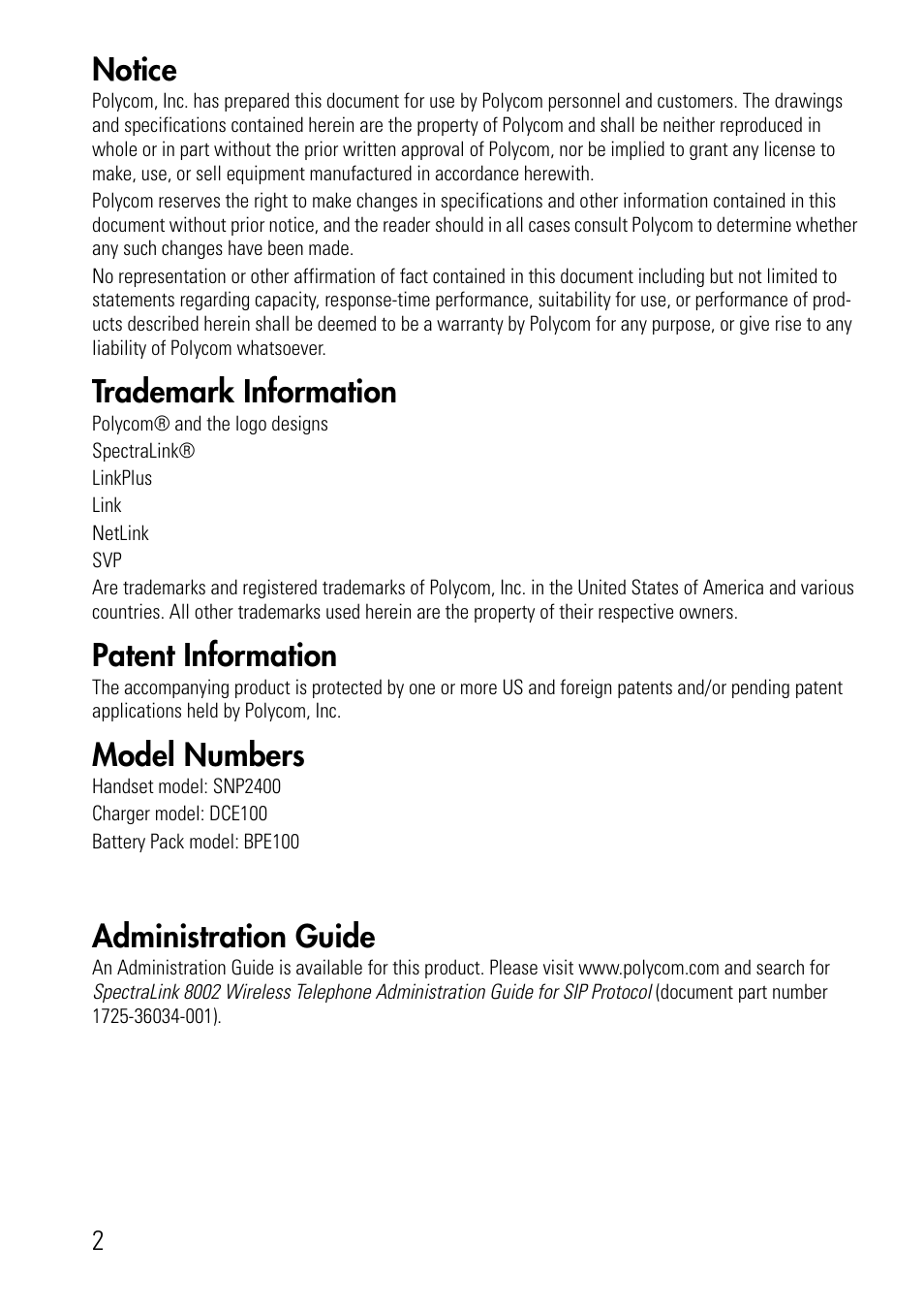 Notice, Trademark information, Patent information | Model numbers, Administration guide | Polycom SpectraLink 8002 Series User Manual | Page 2 / 72