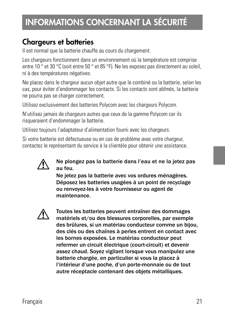 Informations concernant la sécurité, Chargeurs et batteries | Polycom SpectraLink 8002 Series User Manual | Page 21 / 72