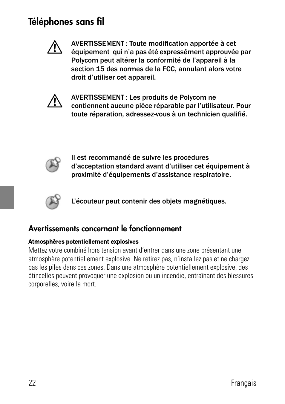 Téléphones sans fil, Avertissements concernant le fonctionnement | Polycom SpectraLink 8002 Series User Manual | Page 22 / 72