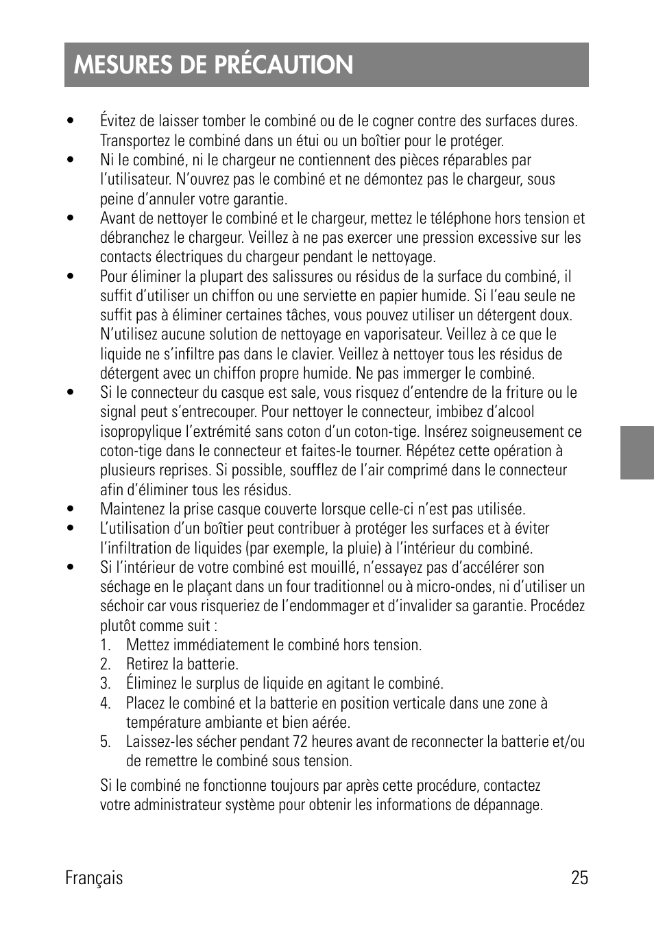 Mesures de précaution | Polycom SpectraLink 8002 Series User Manual | Page 25 / 72