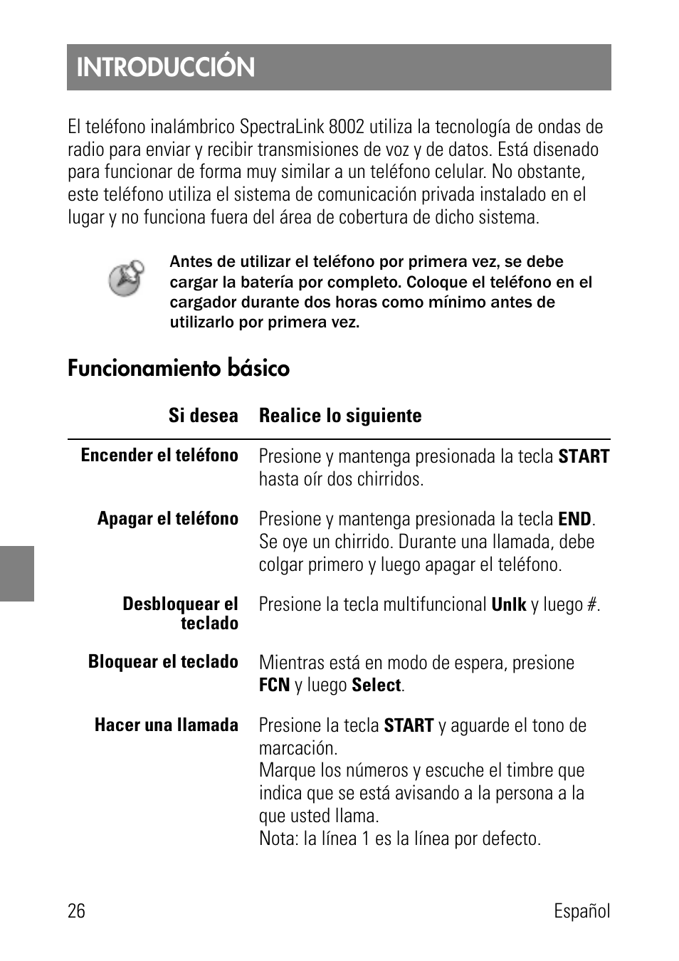 Introducción, Funcionamiento básico | Polycom SpectraLink 8002 Series User Manual | Page 26 / 72