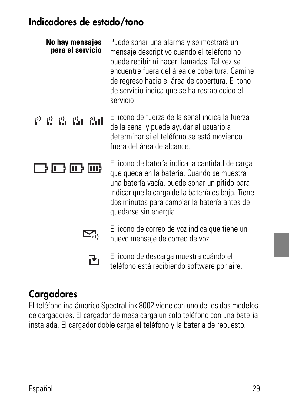 Indicadores de estado/tono, Cargadores, Indicadores de estado/tono cargadores | Polycom SpectraLink 8002 Series User Manual | Page 29 / 72