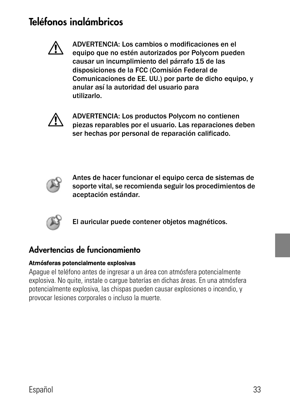 Teléfonos inalámbricos, Advertencias de funcionamiento | Polycom SpectraLink 8002 Series User Manual | Page 33 / 72