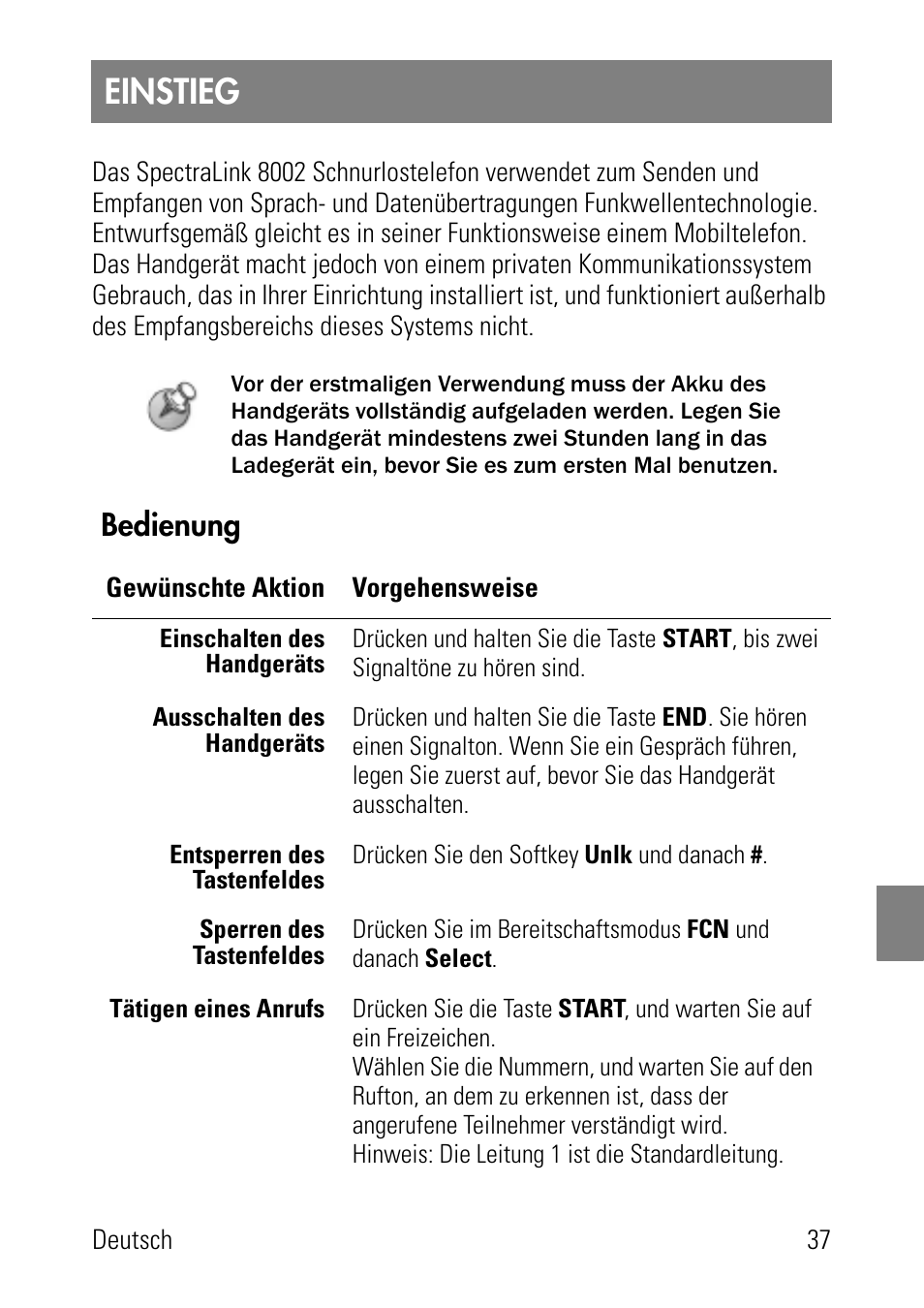 Einstieg, Bedienung | Polycom SpectraLink 8002 Series User Manual | Page 37 / 72