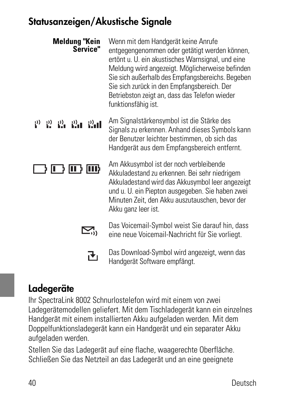 Statusanzeigen/akustische signale, Ladegeräte, Statusanzeigen/akustische signale ladegeräte | Polycom SpectraLink 8002 Series User Manual | Page 40 / 72