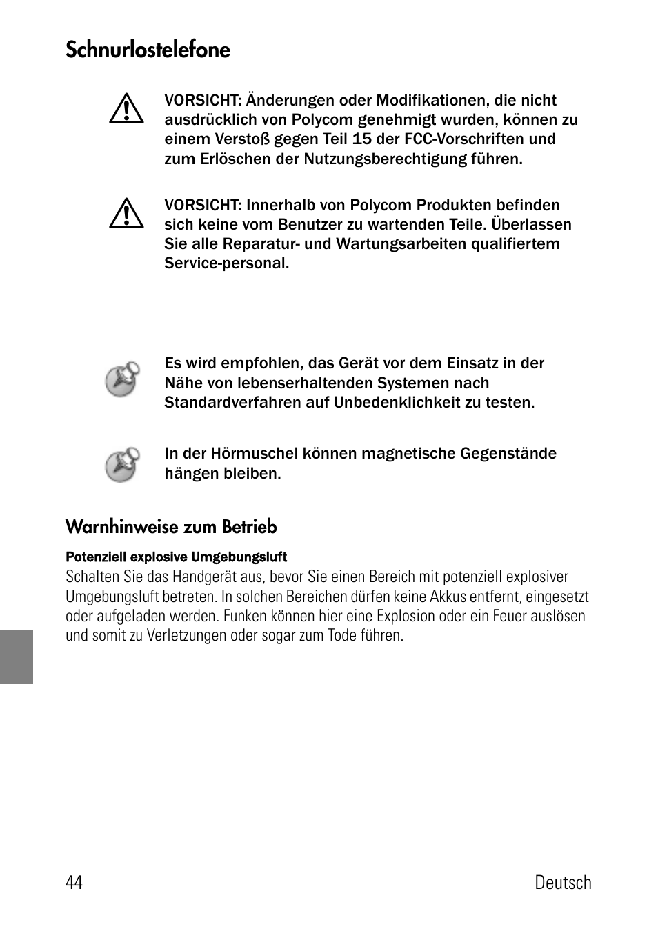 Schnurlostelefone, Warnhinweise zum betrieb | Polycom SpectraLink 8002 Series User Manual | Page 44 / 72