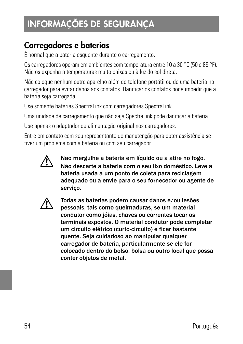 Informações de segurança, Carregadores e baterias | Polycom SpectraLink 8002 Series User Manual | Page 54 / 72