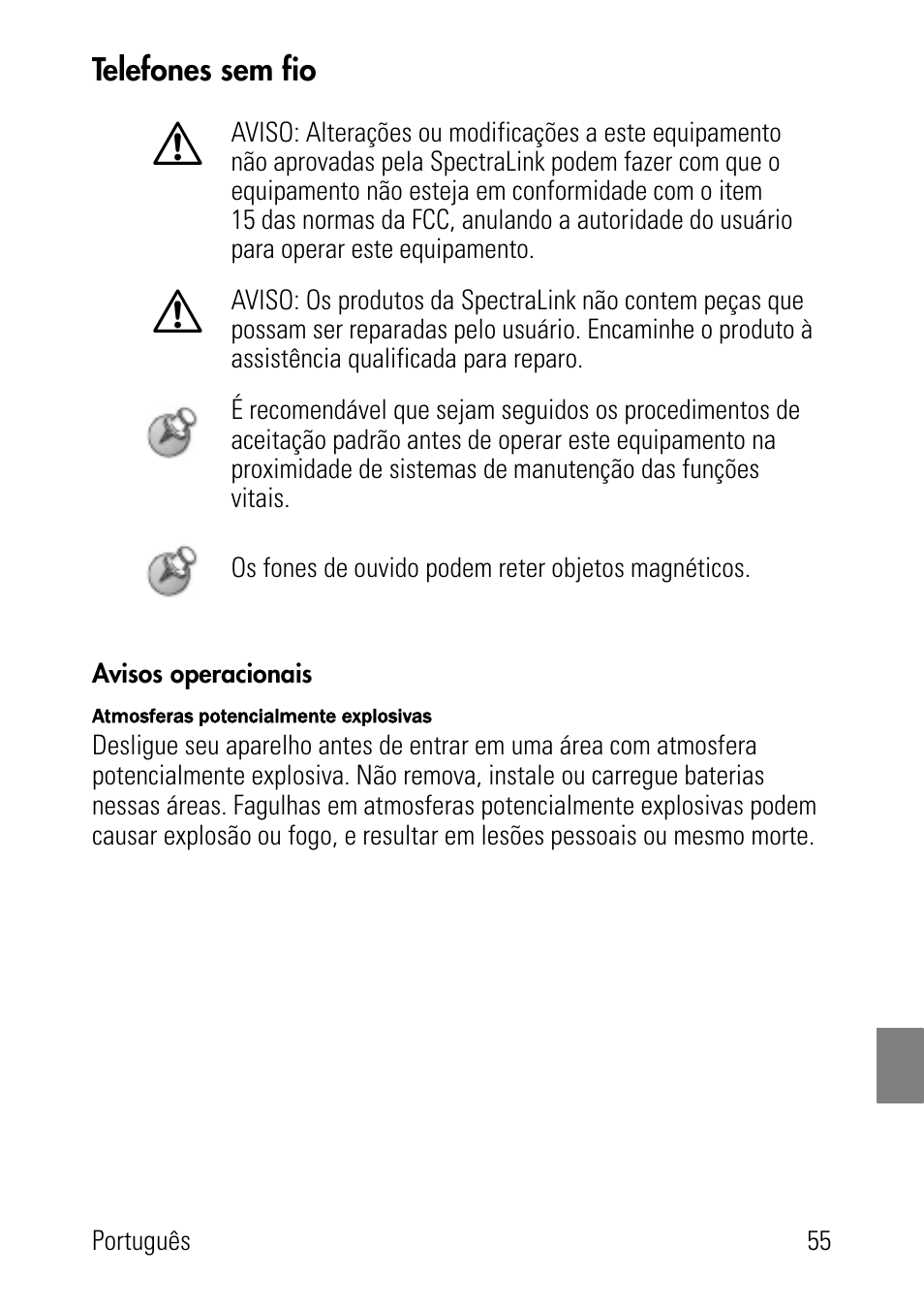 Telefones sem fio, Avisos operacionais | Polycom SpectraLink 8002 Series User Manual | Page 55 / 72