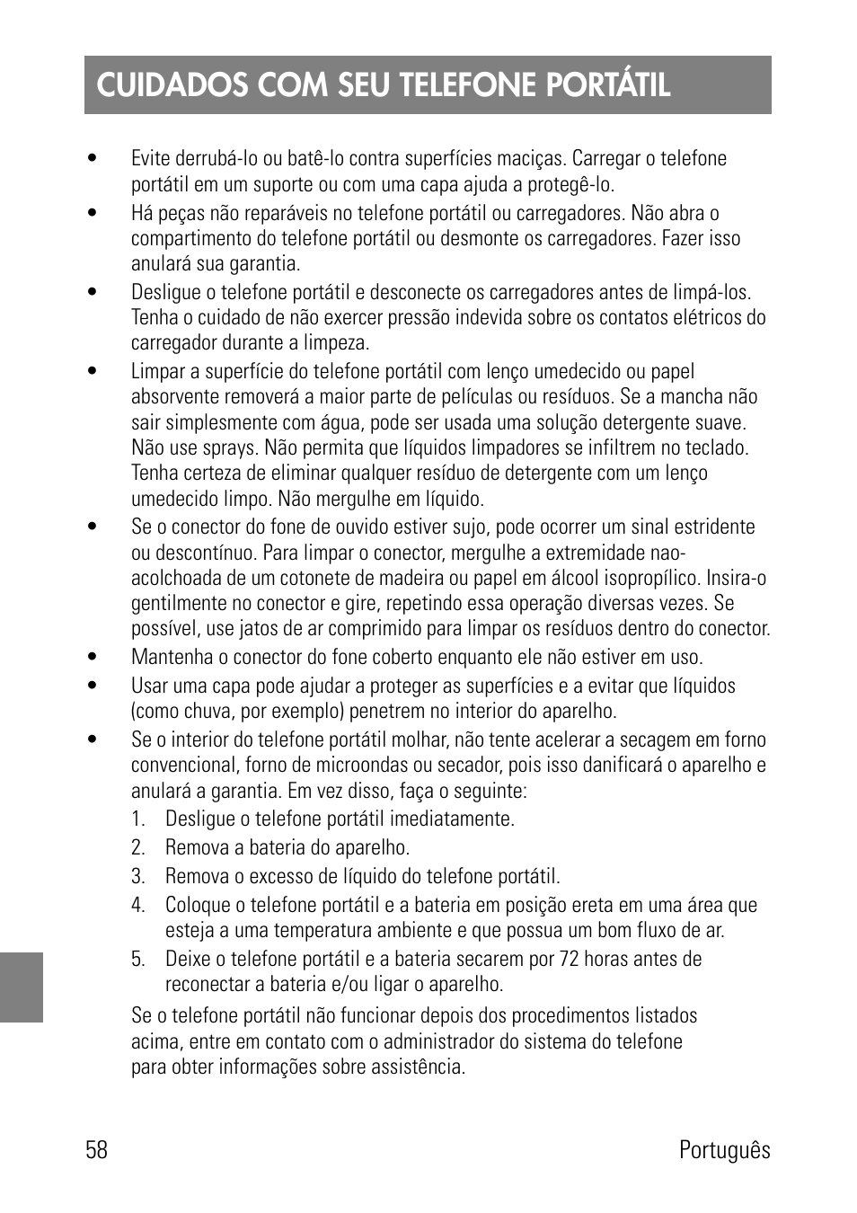 Cuidados com seu telefone portátil | Polycom SpectraLink 8002 Series User Manual | Page 58 / 72