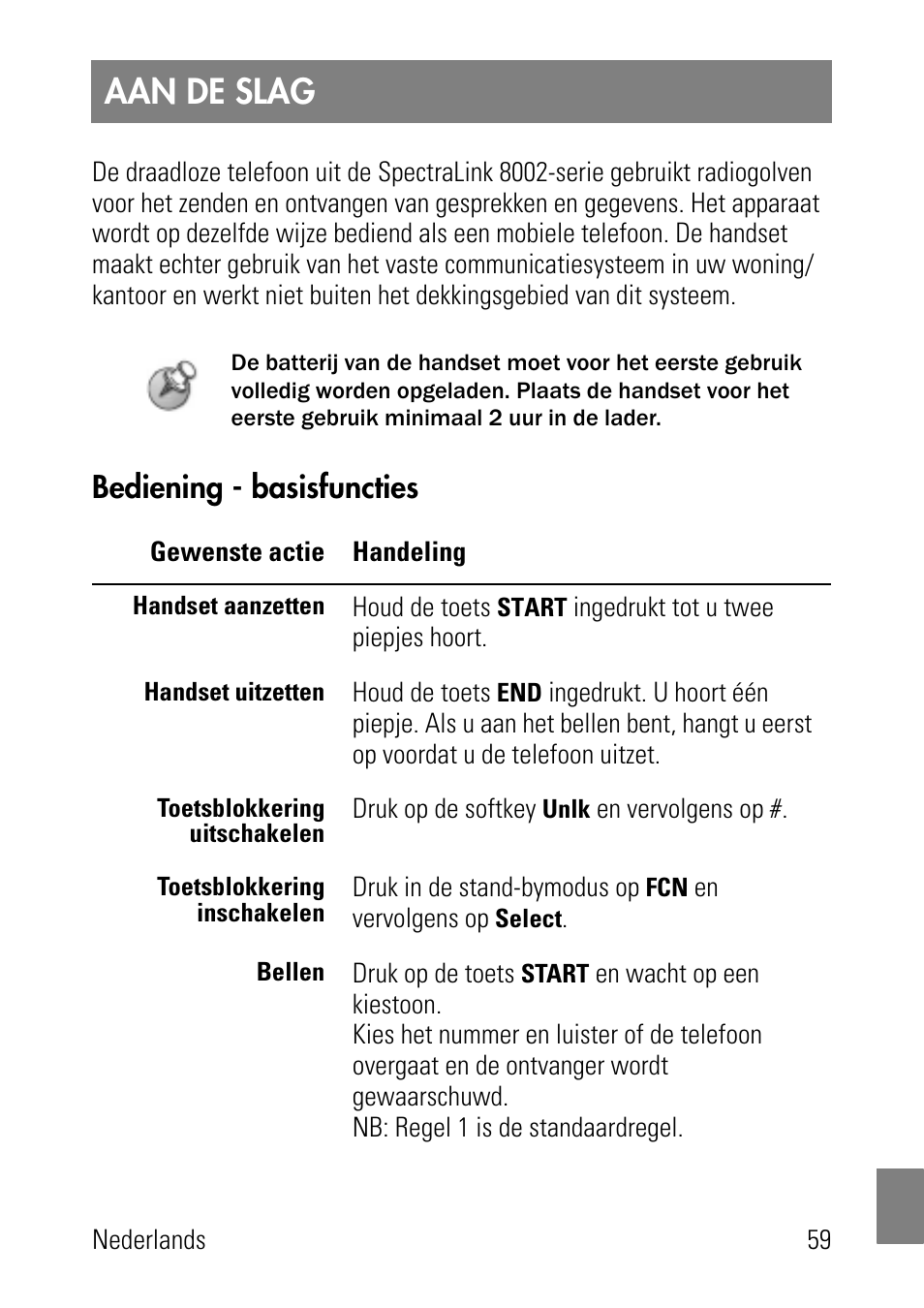 Aan de slag, Bediening - basisfuncties | Polycom SpectraLink 8002 Series User Manual | Page 59 / 72