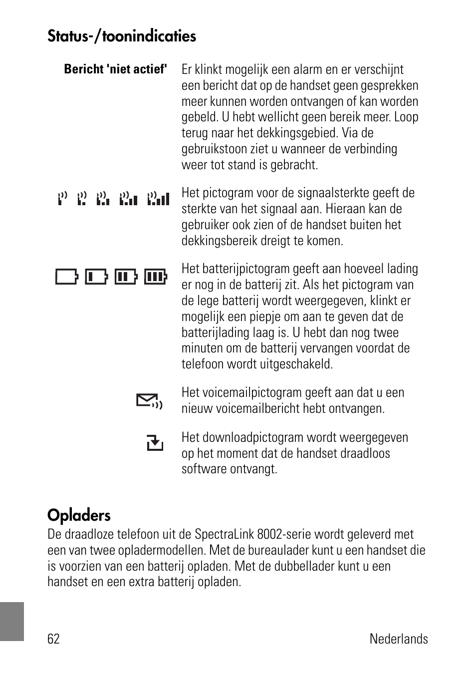 Status-/toonindicaties, Opladers | Polycom SpectraLink 8002 Series User Manual | Page 62 / 72