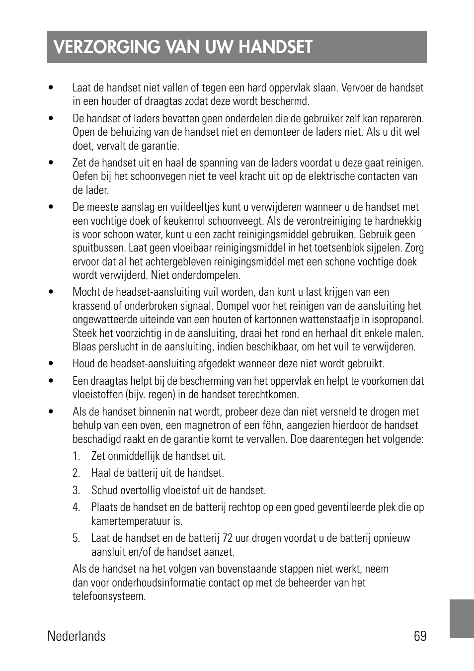 Verzorging van uw handset | Polycom SpectraLink 8002 Series User Manual | Page 69 / 72