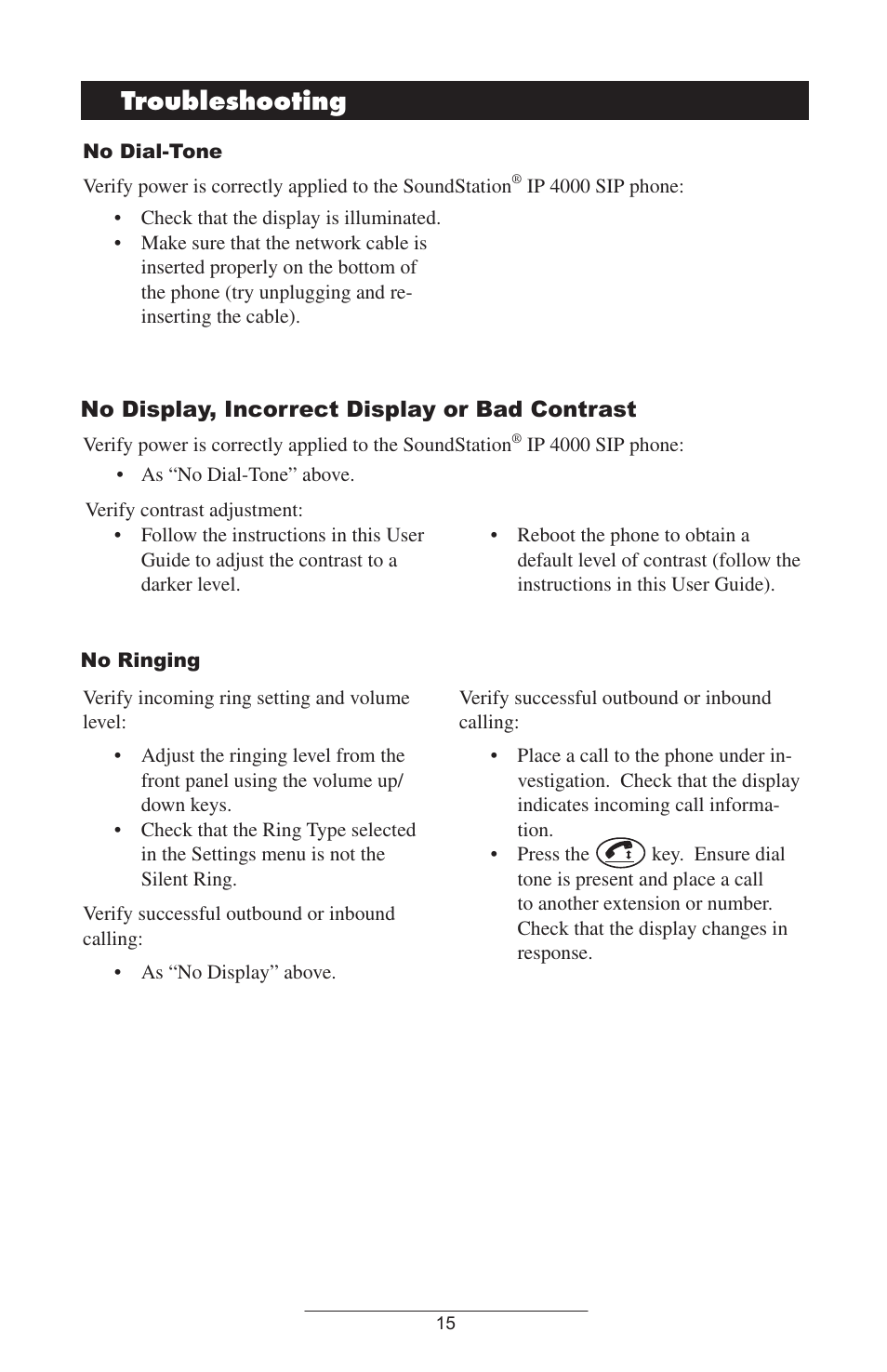 Troubleshooting | Polycom 4000 SIP 2.2 User Manual | Page 18 / 24