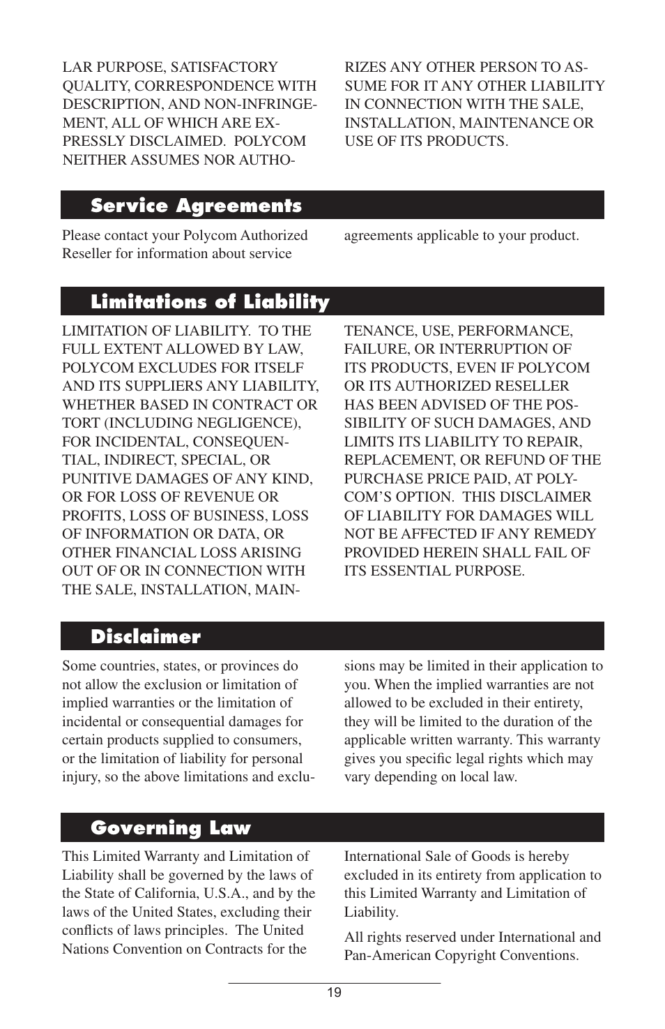 Service.agreements limitations.of.liability, Disclaimer governing.law | Polycom 4000 SIP 2.2 User Manual | Page 22 / 24