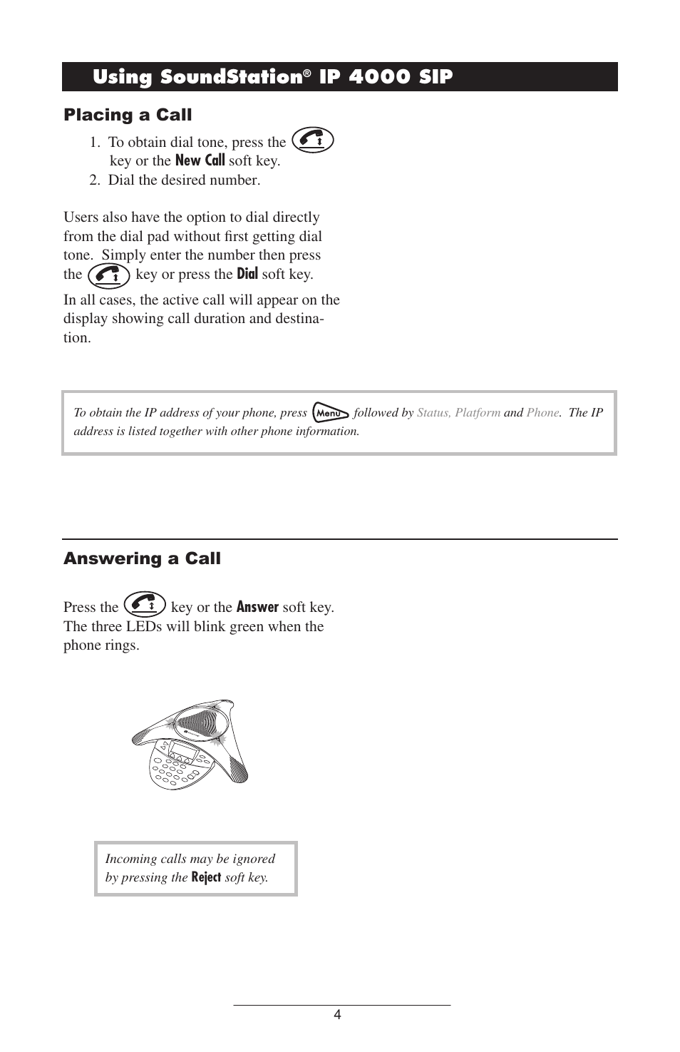 Using.soundstation, Ip.4000.sip, Placing a call | Answering a call | Polycom 4000 SIP 2.2 User Manual | Page 7 / 24