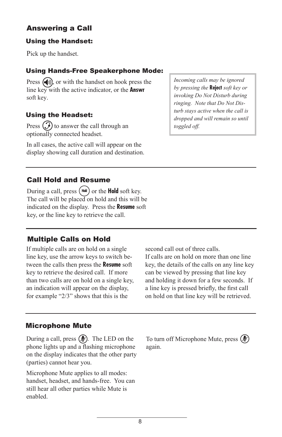 Answering a call, Call hold and resume, Multiple calls on hold | Microphone mute | Polycom IP 430 SIP 2.0 User Manual | Page 11 / 31