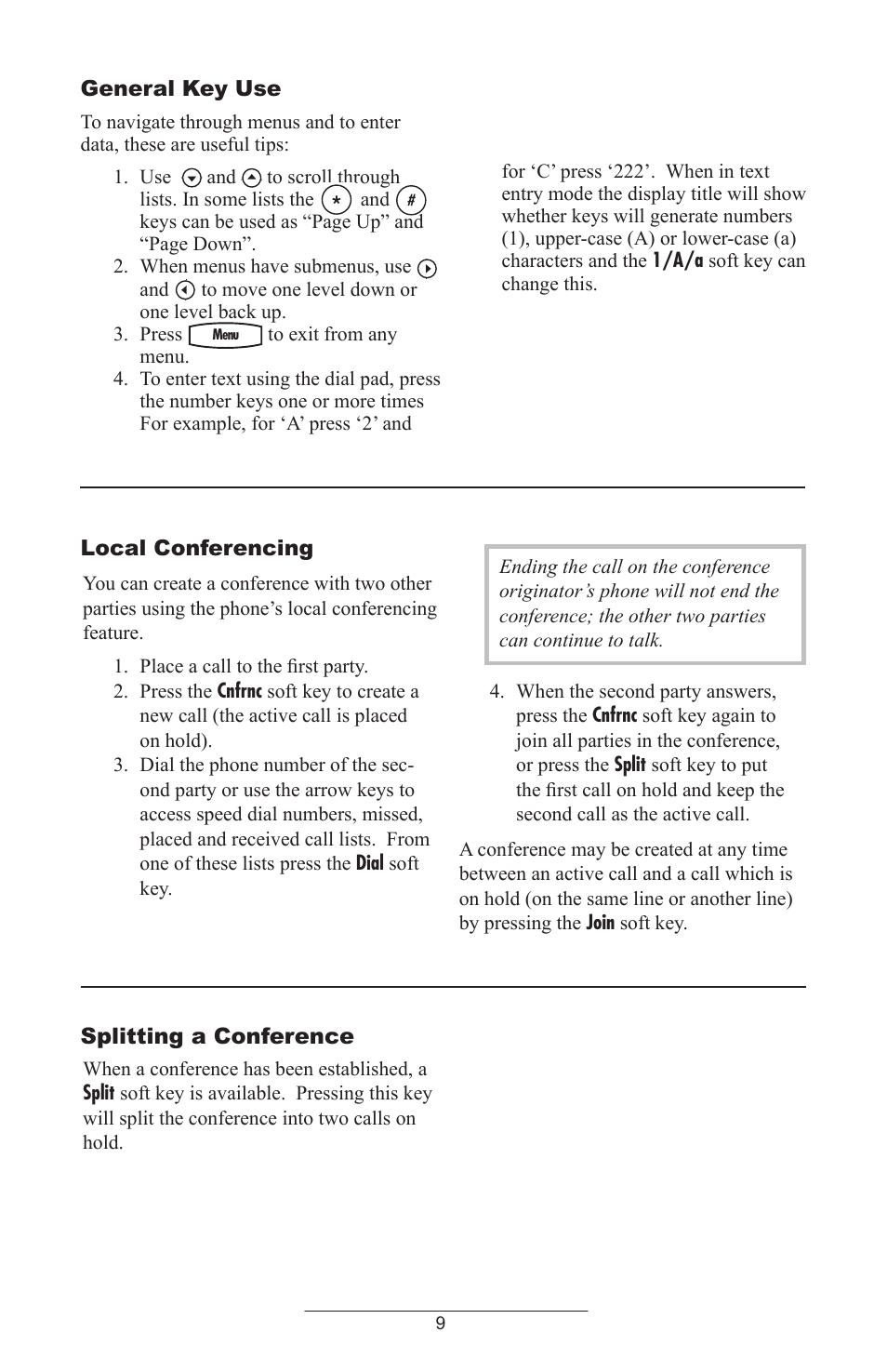 General key use, Local conferencing, Splitting a conference | Polycom IP 430 SIP 2.0 User Manual | Page 12 / 31