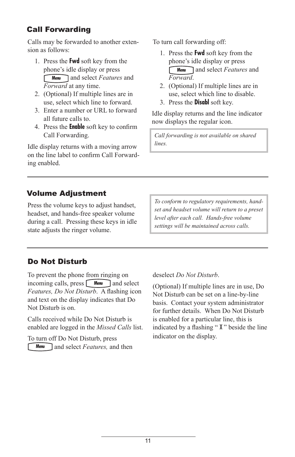 Call forwarding, Volume adjustment, Do not disturb | Polycom IP 430 SIP 2.0 User Manual | Page 14 / 31