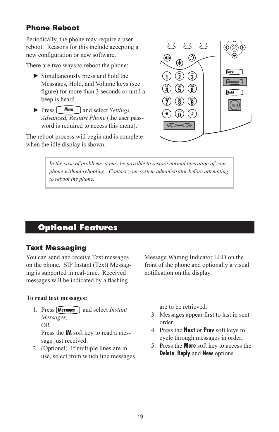 Phone reboot, Optional features, Text messaging | Polycom IP 430 SIP 2.0 User Manual | Page 22 / 31