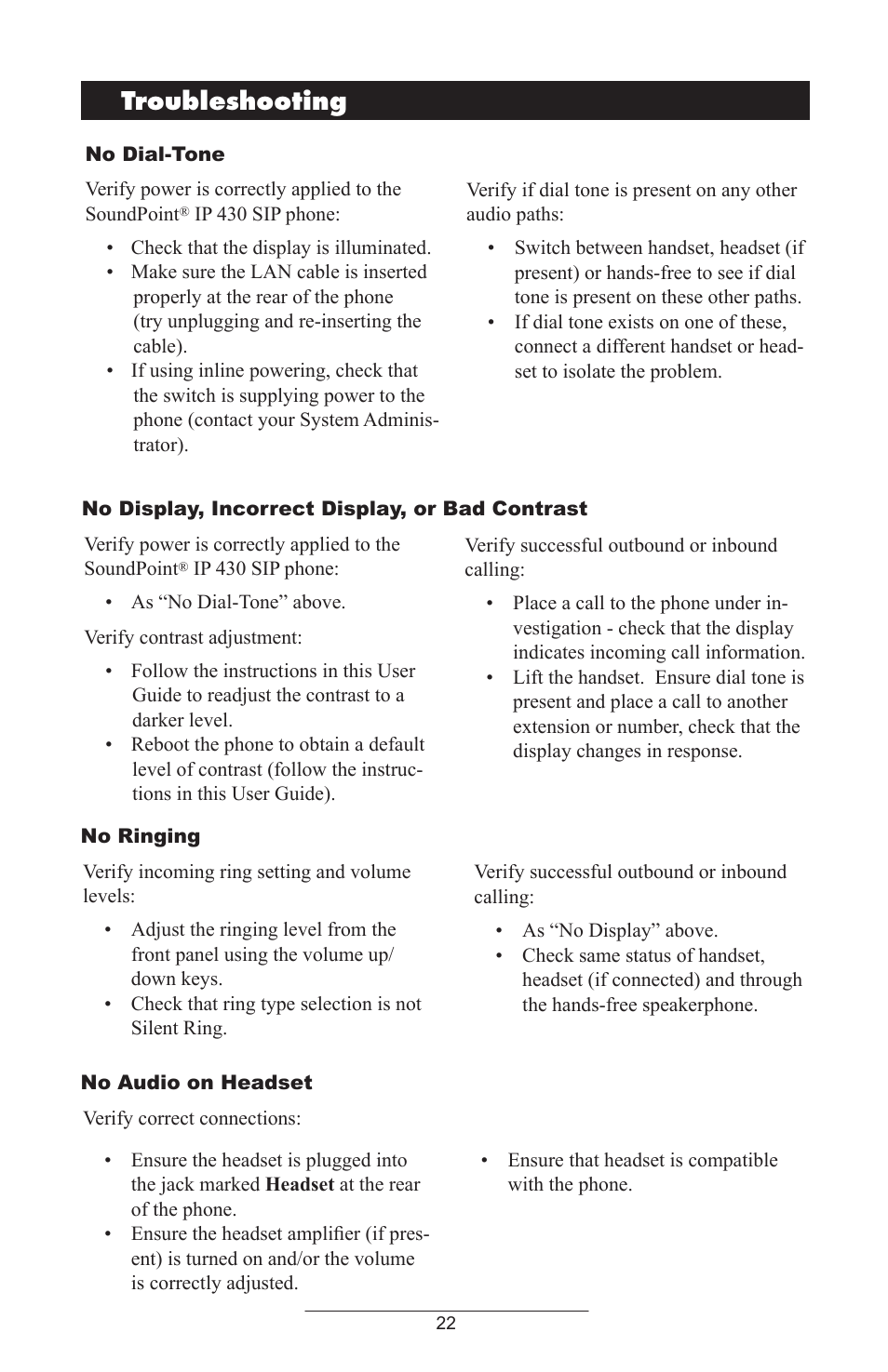 Troubleshooting | Polycom IP 430 SIP 2.0 User Manual | Page 25 / 31