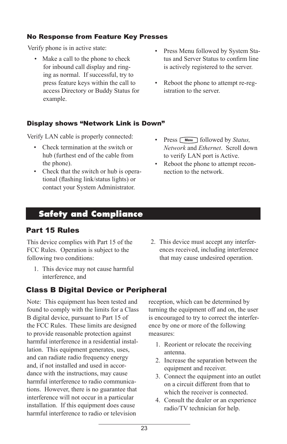 Safety and compliance, Part 15 rules, Class b digital device or peripheral | Polycom IP 430 SIP 2.0 User Manual | Page 26 / 31