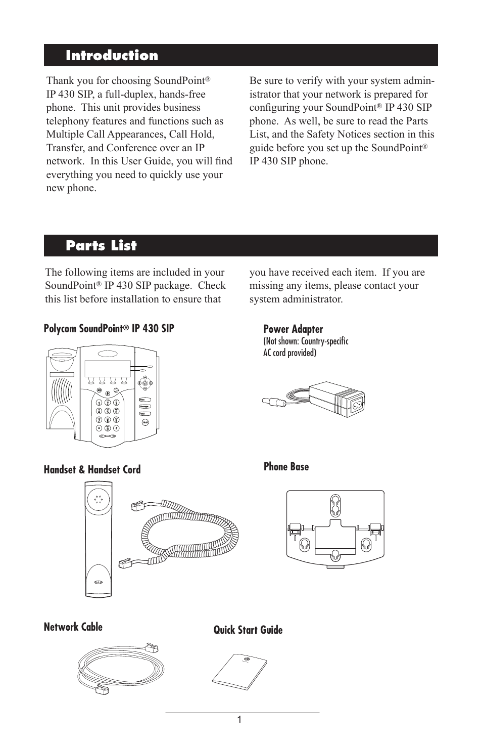 Introduction, Parts list, Introduction parts list | Polycom IP 430 SIP 2.0 User Manual | Page 4 / 31