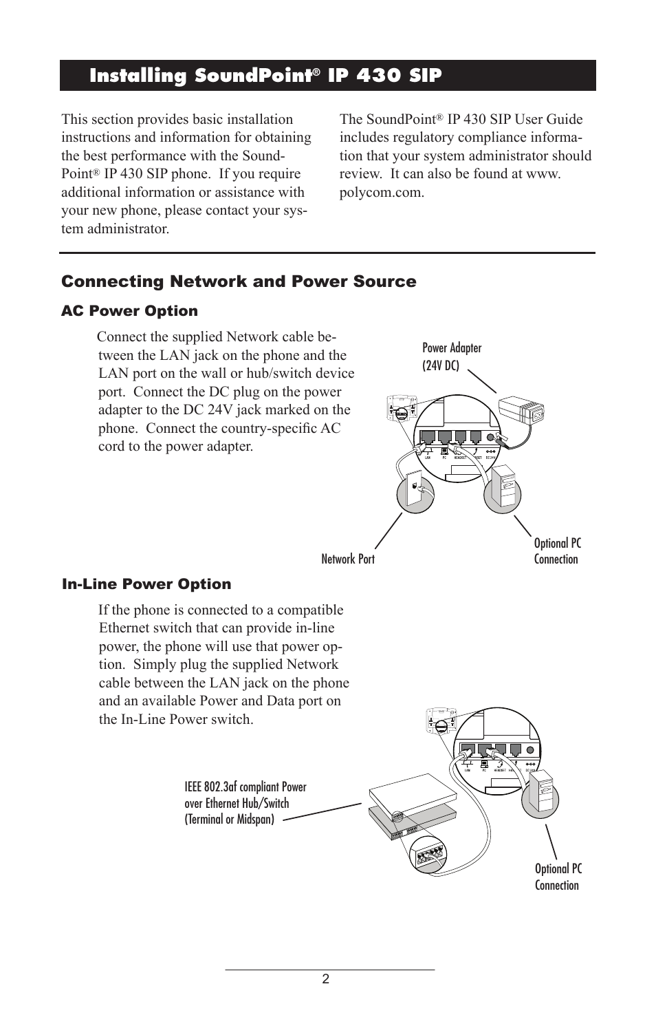 Installing soundpoint, Ip 430 sip, Connecting network and power source | Polycom IP 430 SIP 2.0 User Manual | Page 5 / 31