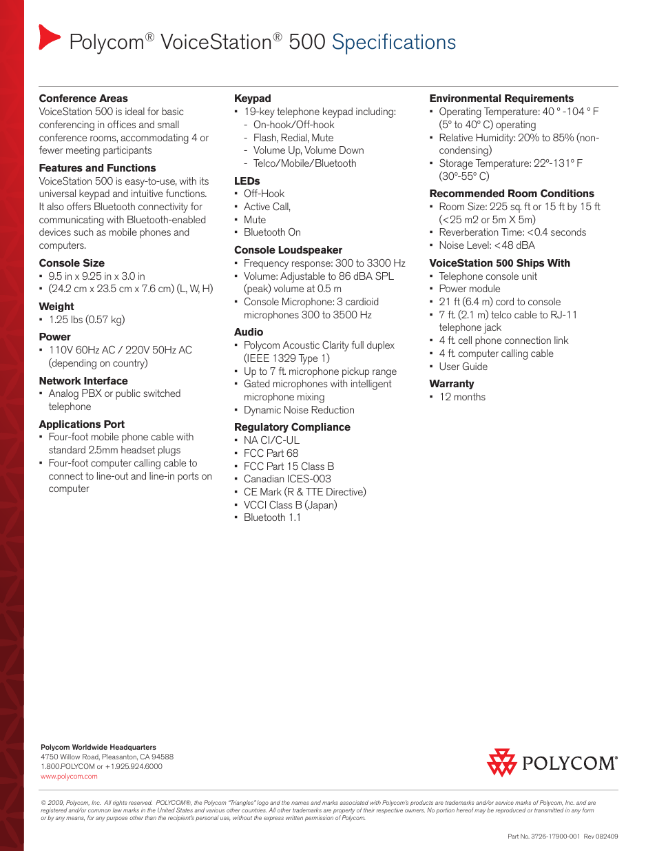 Polycom, Voicestation, 500 specifications | Polycom VoiceStation 3726-17900-001 User Manual | Page 2 / 2