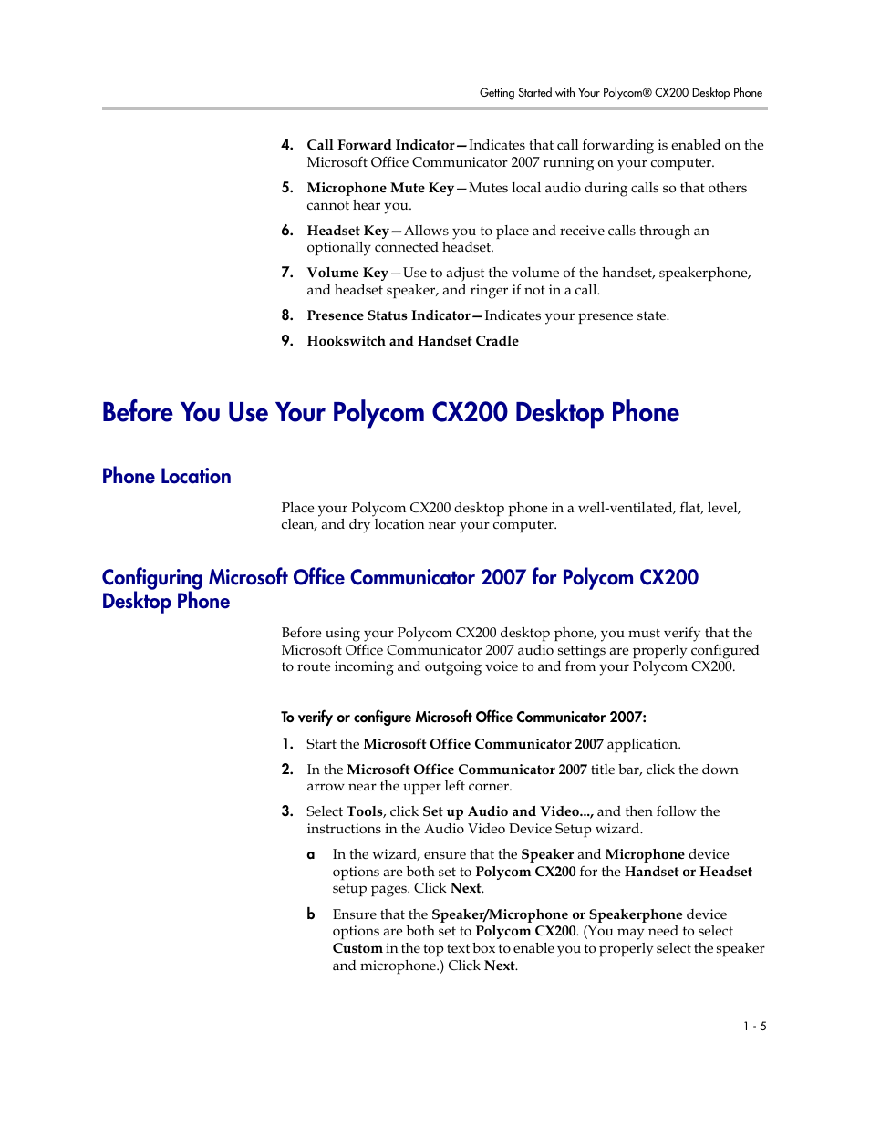 Before you use your polycom cx200 desktop phone, Phone location, Before you use your polycom cx200 desktop phone –5 | Desktop phone –5 | Polycom CX200 User Manual | Page 11 / 28