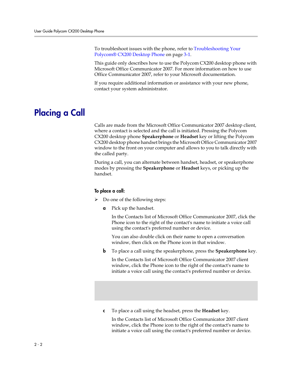 Placing a call, Placing a call –2 | Polycom CX200 User Manual | Page 14 / 28