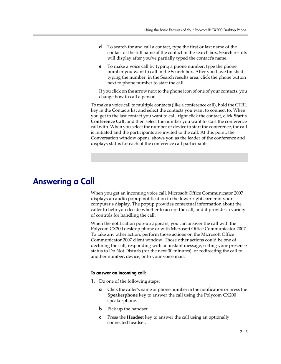 Answering a call, Answering a call –3 | Polycom CX200 User Manual | Page 15 / 28