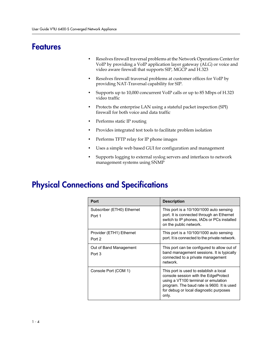 Features, Physical connections and specifications | Polycom V2IU Converged Network Appliance 6400-S User Manual | Page 10 / 82