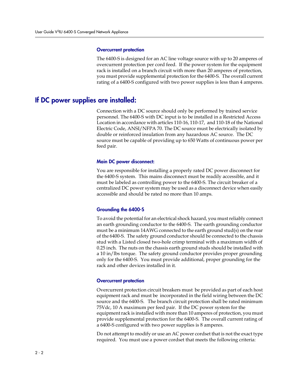 Overcurrent protection, If dc power supplies are installed, Main dc power disconnect | Grounding the 6400-s, Overcurrent protection –2, If dc power supplies are installed: –2 | Polycom V2IU Converged Network Appliance 6400-S User Manual | Page 14 / 82