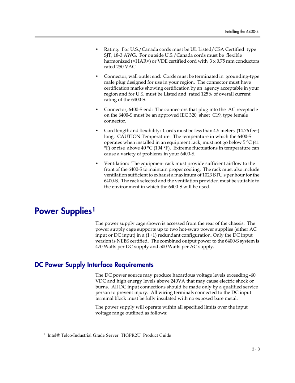 Power supplies, Dc power supply interface requirements, Power supplies –3 | Dc power supply interface requirements –3 | Polycom V2IU Converged Network Appliance 6400-S User Manual | Page 15 / 82