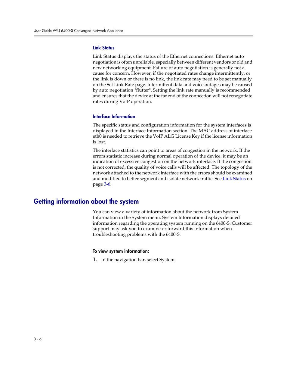 Link status, Interface information, Getting information about the system | Link status –6 interface information –6, Getting information about the system –6 | Polycom V2IU Converged Network Appliance 6400-S User Manual | Page 22 / 82