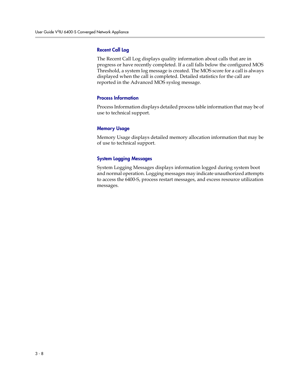 Recent call log, Process information, Memory usage | System logging messages | Polycom V2IU Converged Network Appliance 6400-S User Manual | Page 24 / 82