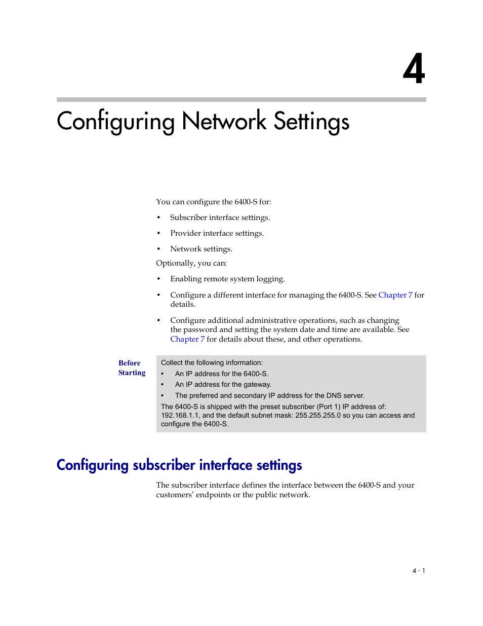 Configuring network settings, Configuring subscriber interface settings, Configuring network settings –1 | Configuring subscriber interface settings –1 | Polycom V2IU Converged Network Appliance 6400-S User Manual | Page 25 / 82