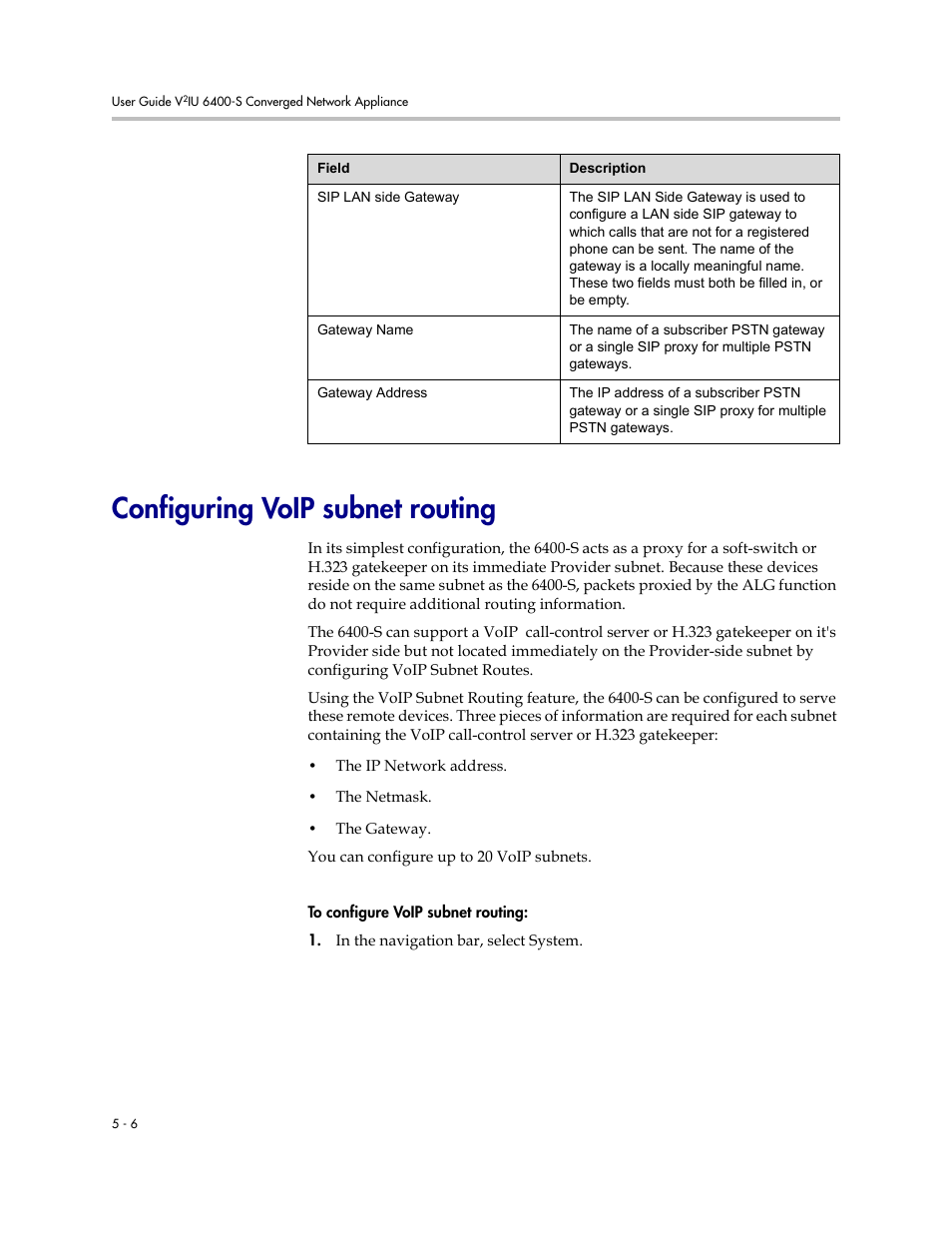 Configuring voip subnet routing, Configuring voip subnet routing –6 | Polycom V2IU Converged Network Appliance 6400-S User Manual | Page 36 / 82