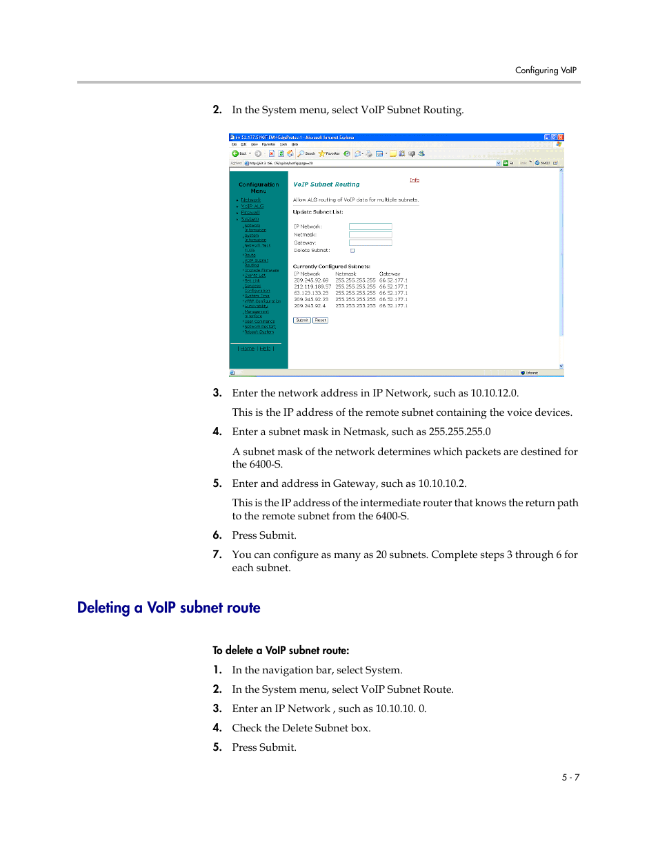 Deleting a voip subnet route, Deleting a voip subnet route –7 | Polycom V2IU Converged Network Appliance 6400-S User Manual | Page 37 / 82