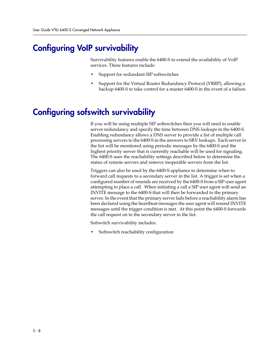 Configuring voip survivability, Configuring sofswitch survivability | Polycom V2IU Converged Network Appliance 6400-S User Manual | Page 38 / 82